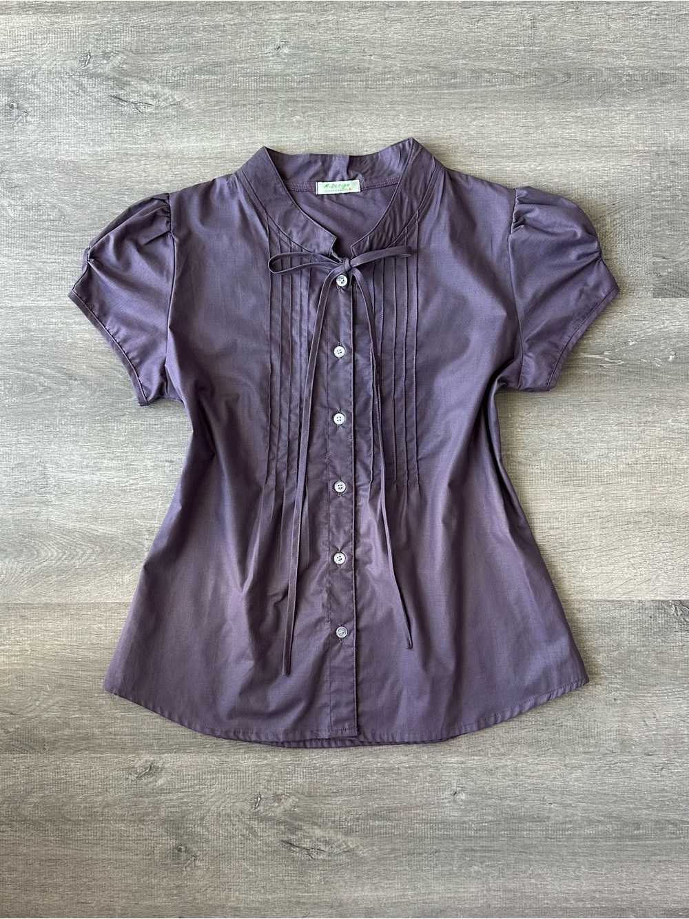 M Design Women's Purple Tie-Neck Puff sleeve button up blouse shirt